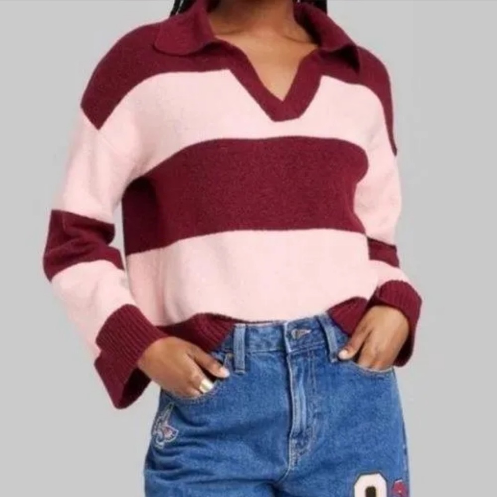 Wild Fable Maroon & Pink Striped Slouchy Collared Pullover Sweater Women’s Sz S